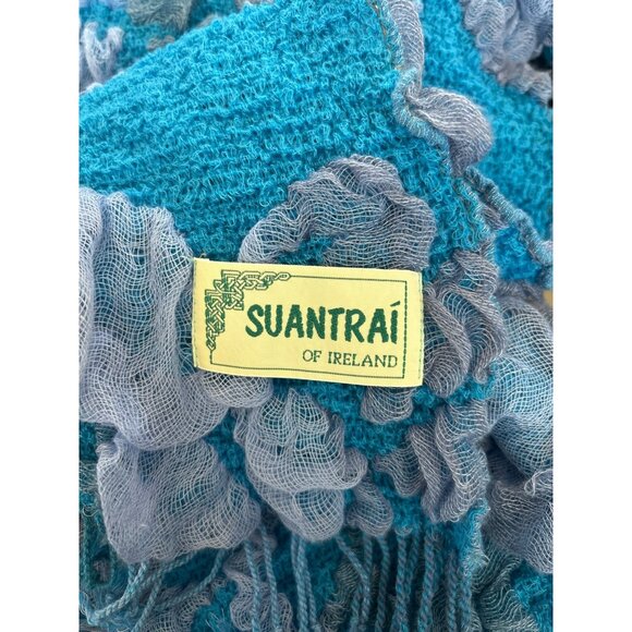 Handmade Suantraí Of Ireland Blue 3D Textured Floral Fringe Scarf 13" x 80" - Picture 4 of 5